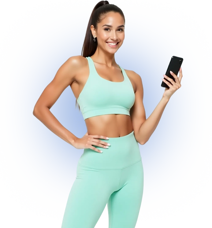 Жінка в спортивному одязі тримає смартфон з додатком VibeFit